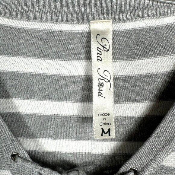 Pina Rossi Woman’s Top Gray And White Striped Lace Upfront Side Slits Medium - Picture 2 of 12